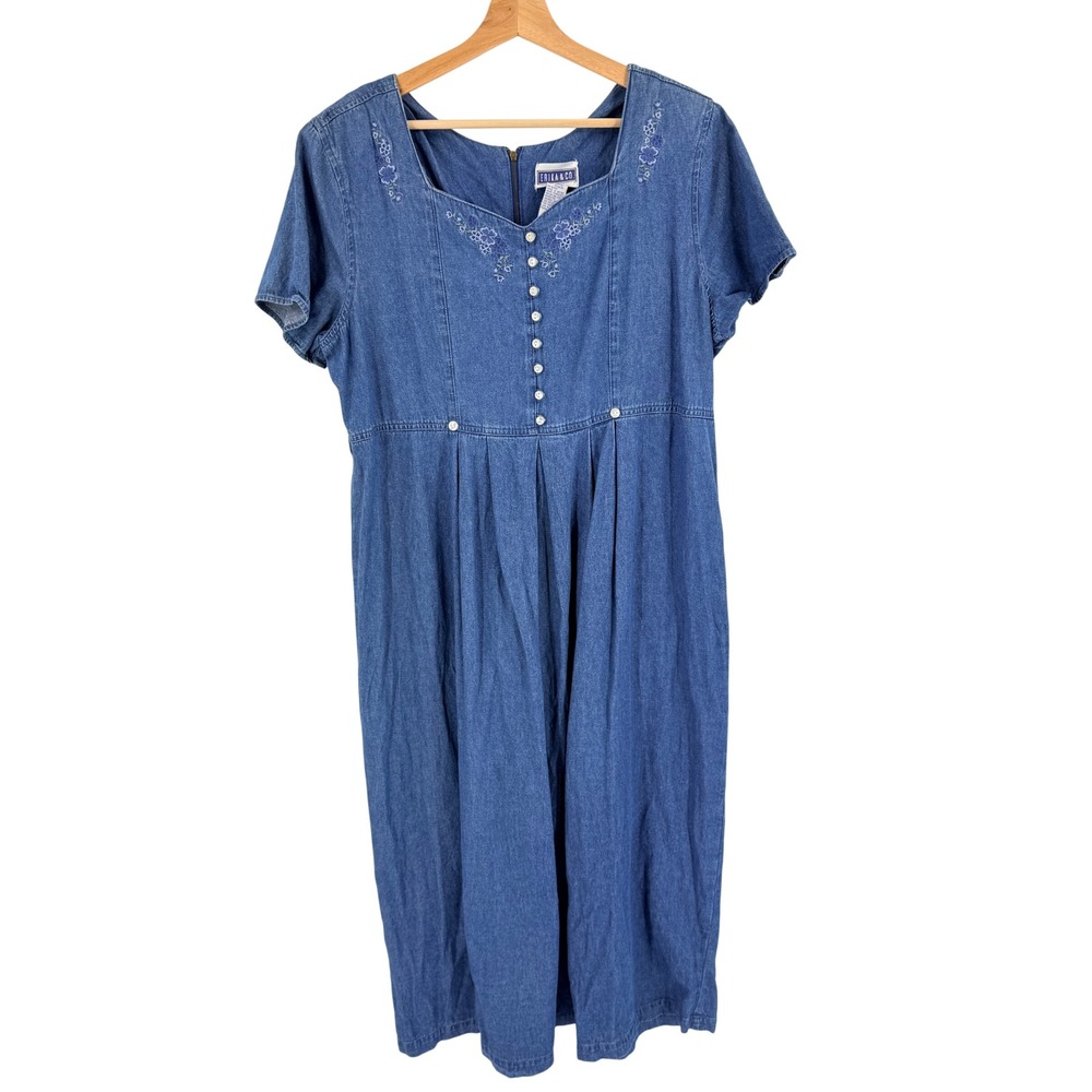 Vintage 90s Erika & Co Denim Midi Dress Blue XL Floral Embroidered Cottagecore